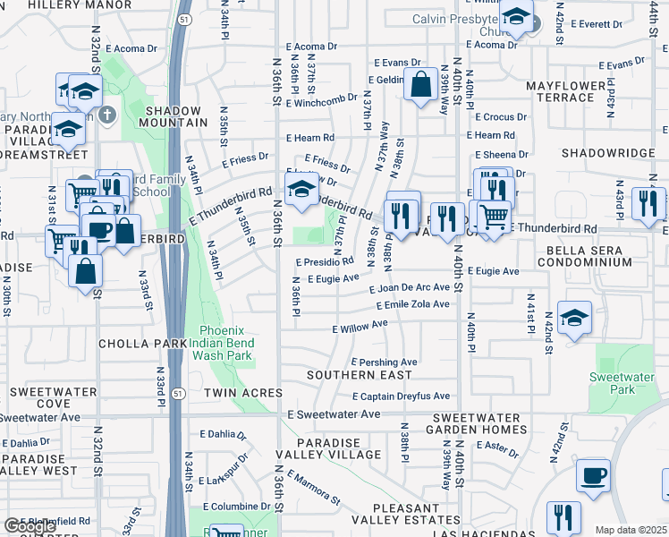 map of restaurants, bars, coffee shops, grocery stores, and more near 3712 East Presidio Road in Phoenix