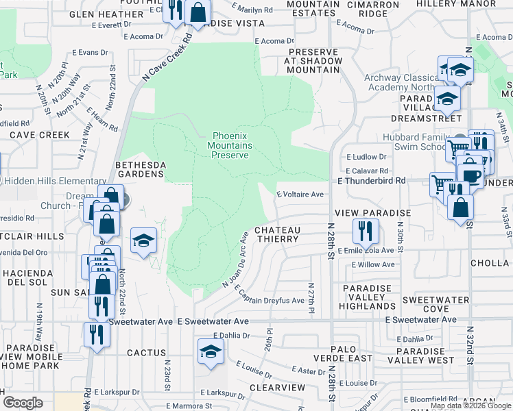 map of restaurants, bars, coffee shops, grocery stores, and more near 13630 North 26th Place in Phoenix
