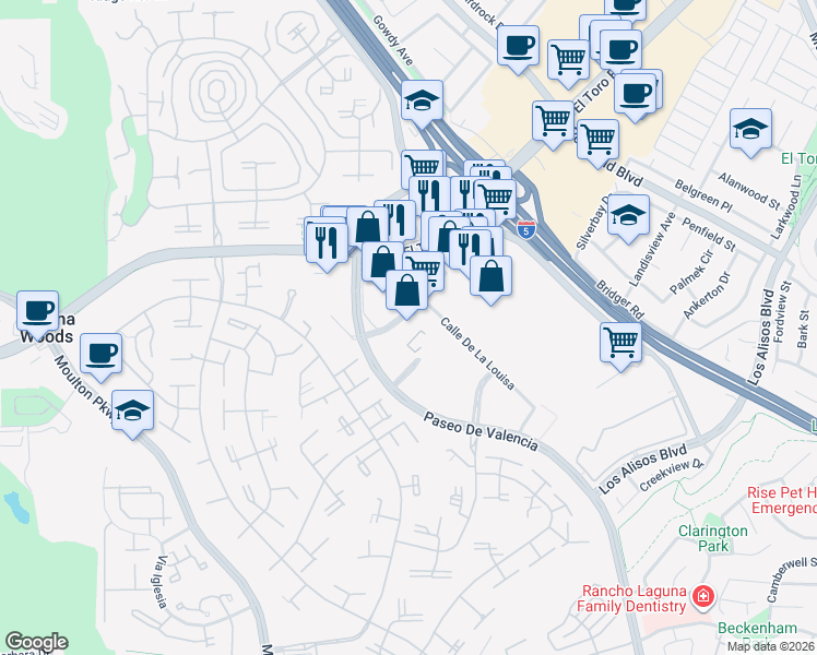 map of restaurants, bars, coffee shops, grocery stores, and more near 24022 Calle De La Plata in Laguna Hills