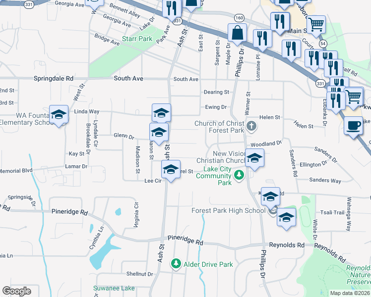 map of restaurants, bars, coffee shops, grocery stores, and more near 879 White Oak Drive in Forest Park