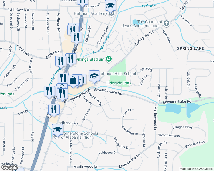 map of restaurants, bars, coffee shops, grocery stores, and more near 917 Eldorado Drive in Birmingham