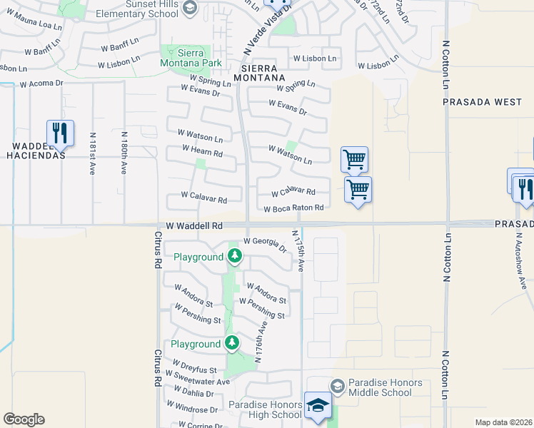 map of restaurants, bars, coffee shops, grocery stores, and more near 17544 West Boca Raton Road in Surprise