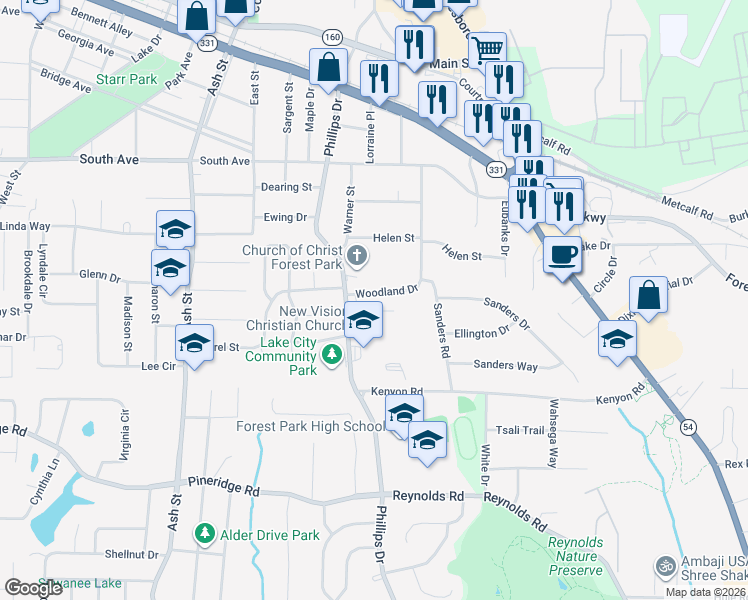map of restaurants, bars, coffee shops, grocery stores, and more near 5288 Woodland Drive in Lake City