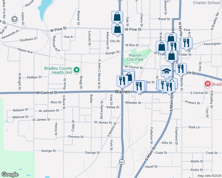 map of restaurants, bars, coffee shops, grocery stores, and more near 514 West Central Street in Warren