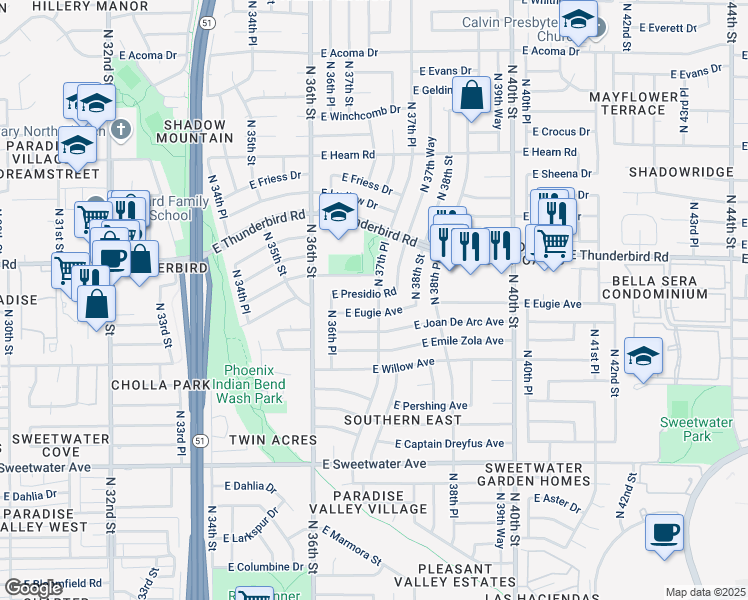 map of restaurants, bars, coffee shops, grocery stores, and more near 3712 East Presidio Road in Phoenix