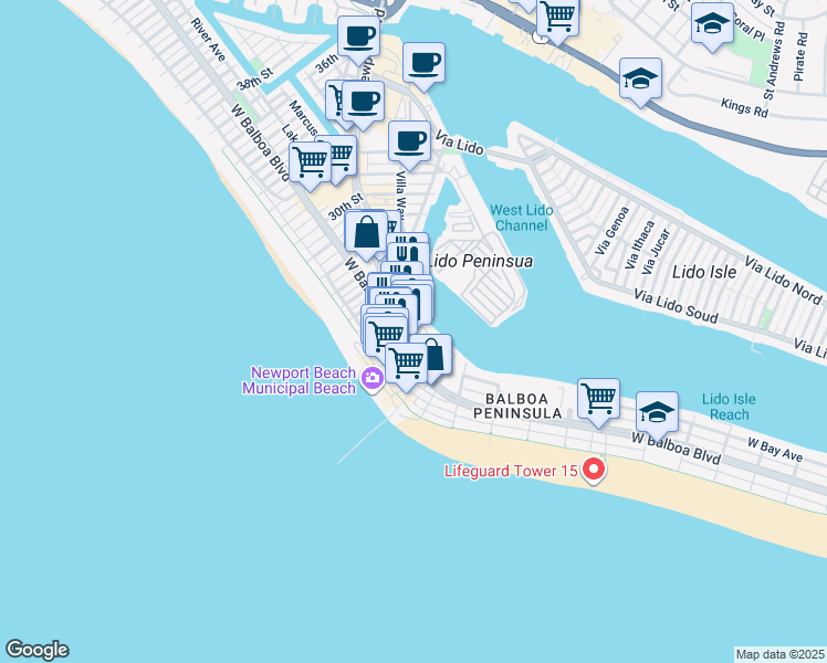 map of restaurants, bars, coffee shops, grocery stores, and more near 2210 Newport Boulevard in Newport Beach