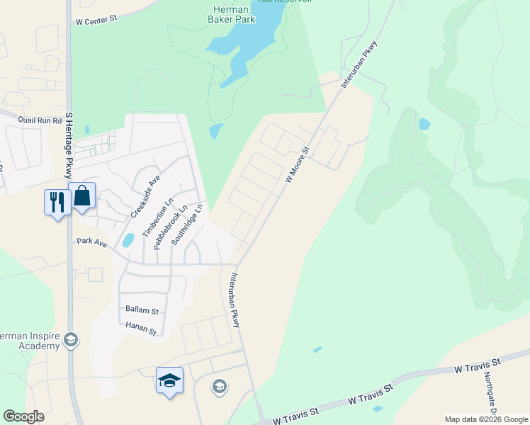 map of restaurants, bars, coffee shops, grocery stores, and more near 2105 West Moore Street in Sherman