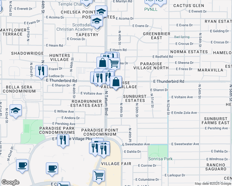 map of restaurants, bars, coffee shops, grocery stores, and more near 13687 North Tatum Boulevard in Phoenix