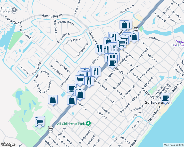 map of restaurants, bars, coffee shops, grocery stores, and more near 510 U.S. 17 Business South Frontage Road in Surfside Beach