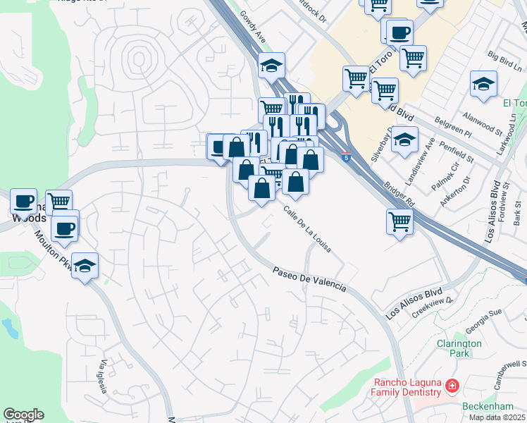 map of restaurants, bars, coffee shops, grocery stores, and more near 24022 Calle De La Plata in Laguna Hills
