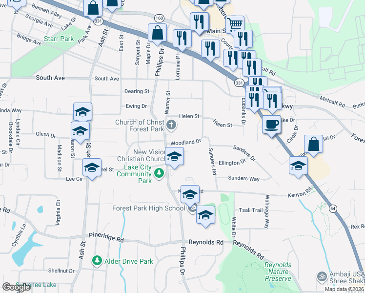 map of restaurants, bars, coffee shops, grocery stores, and more near 5288 Woodland Drive in Lake City