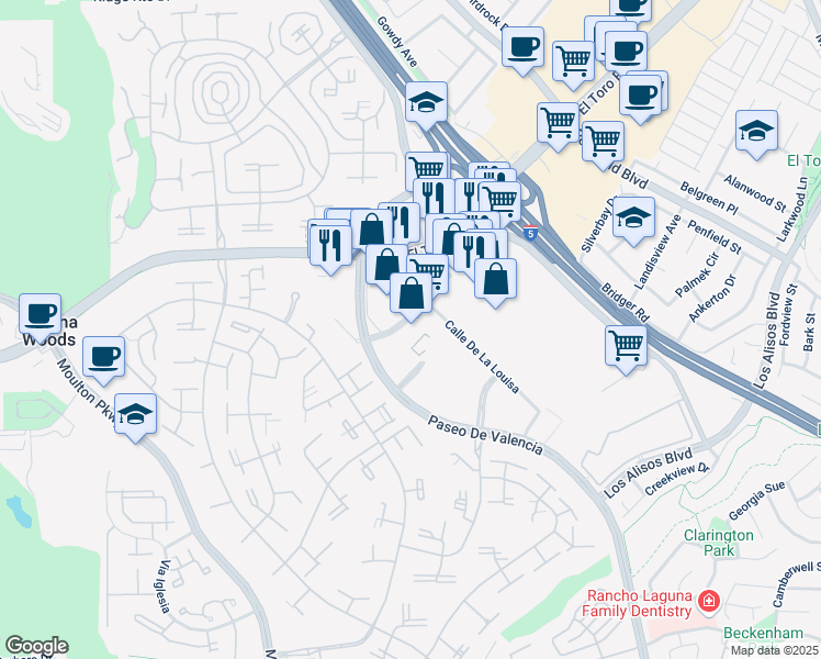 map of restaurants, bars, coffee shops, grocery stores, and more near 24022 Calle De La Plata in Laguna Hills