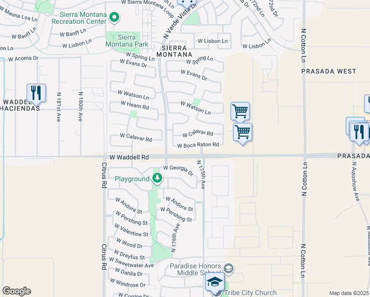 map of restaurants, bars, coffee shops, grocery stores, and more near 17544 West Boca Raton Road in Surprise