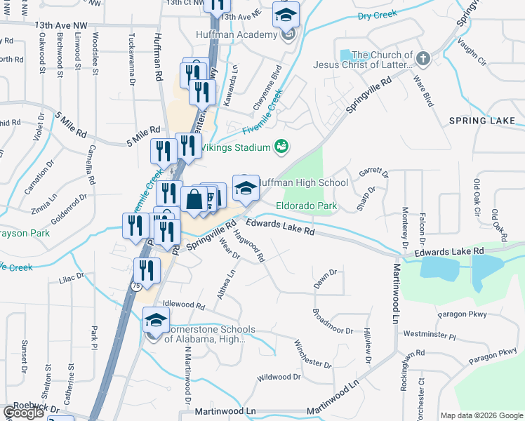 map of restaurants, bars, coffee shops, grocery stores, and more near 909 Springville Road in Birmingham