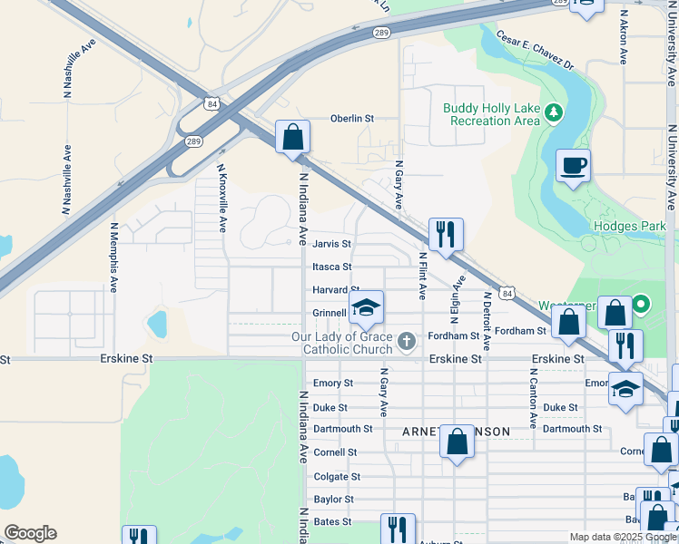 map of restaurants, bars, coffee shops, grocery stores, and more near 3305 Itasca Street in Lubbock