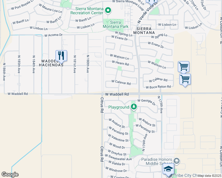 map of restaurants, bars, coffee shops, grocery stores, and more near 17844 West Boca Raton Road in Surprise