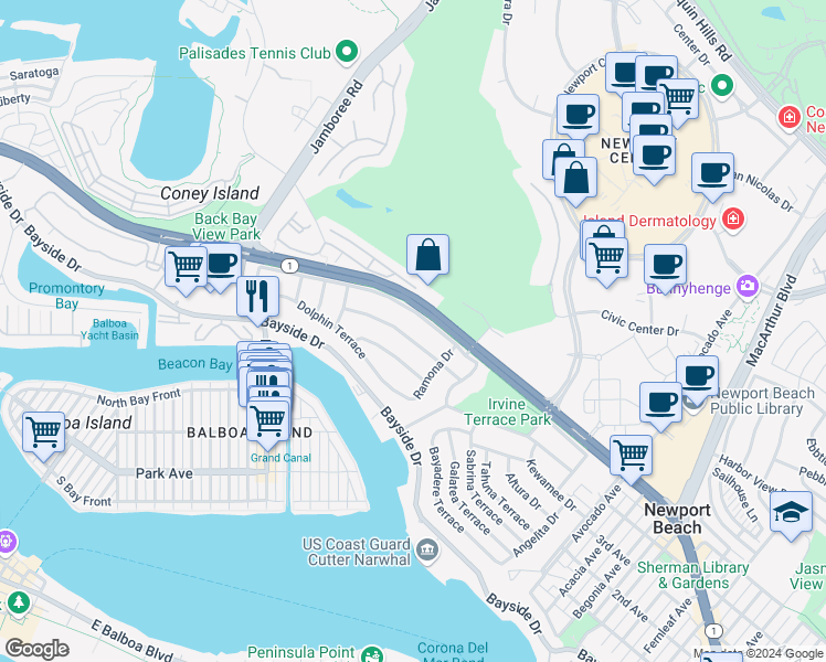 map of restaurants, bars, coffee shops, grocery stores, and more near 1500 Santanella Terrace in Newport Beach
