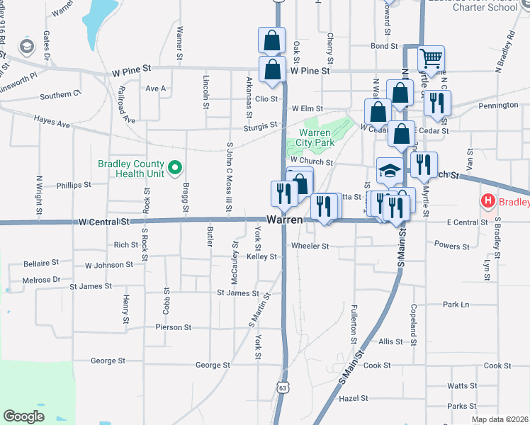 map of restaurants, bars, coffee shops, grocery stores, and more near 514 West Central Street in Warren