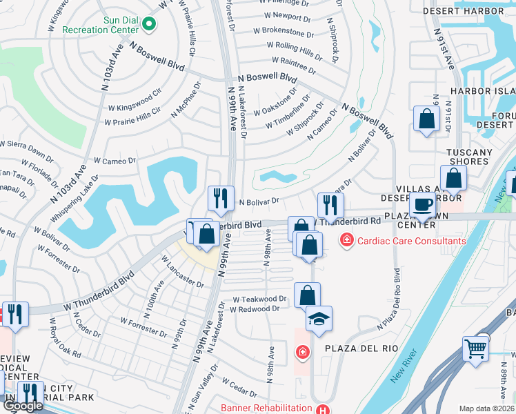 map of restaurants, bars, coffee shops, grocery stores, and more near 13824 North Bolivar Drive in Sun City