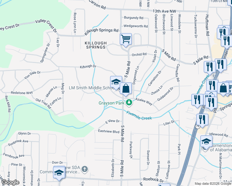 map of restaurants, bars, coffee shops, grocery stores, and more near 1124 5 Mile Road in Birmingham