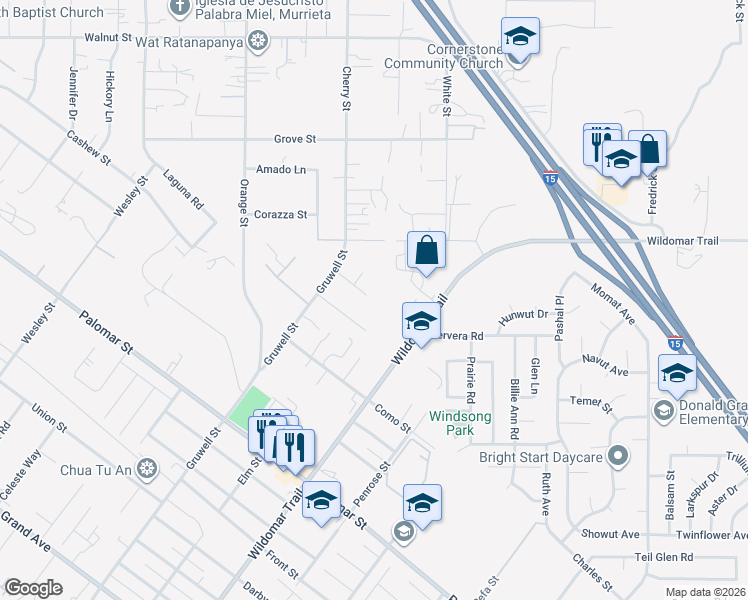 map of restaurants, bars, coffee shops, grocery stores, and more near 21418 Silver Spur Lane in Wildomar