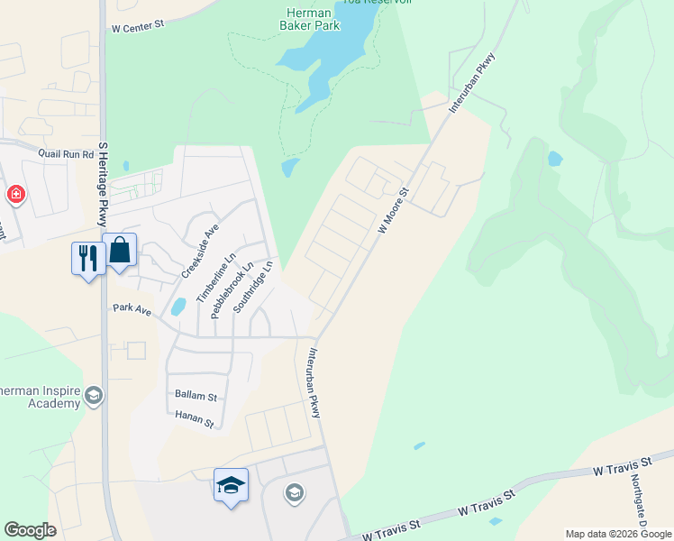 map of restaurants, bars, coffee shops, grocery stores, and more near 2105 West Moore Street in Sherman