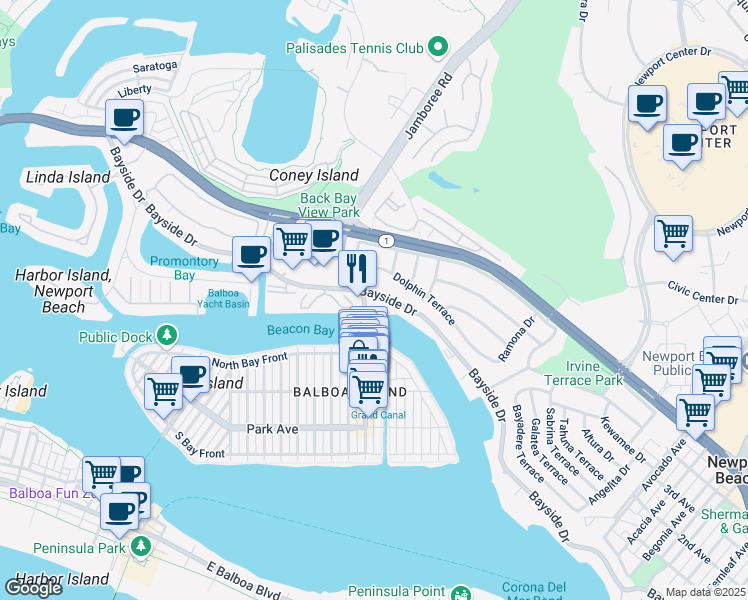 map of restaurants, bars, coffee shops, grocery stores, and more near 1101 Bayside Drive in Newport Beach