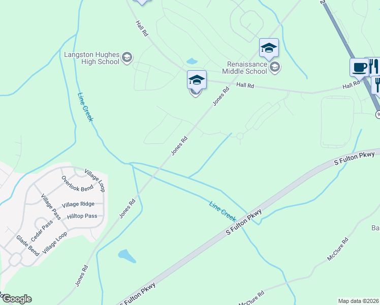 map of restaurants, bars, coffee shops, grocery stores, and more near 6864 Jones Road in Fairburn