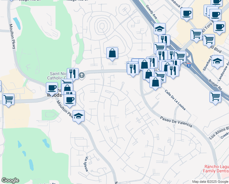 map of restaurants, bars, coffee shops, grocery stores, and more near 18 Via Castilla in Laguna Woods