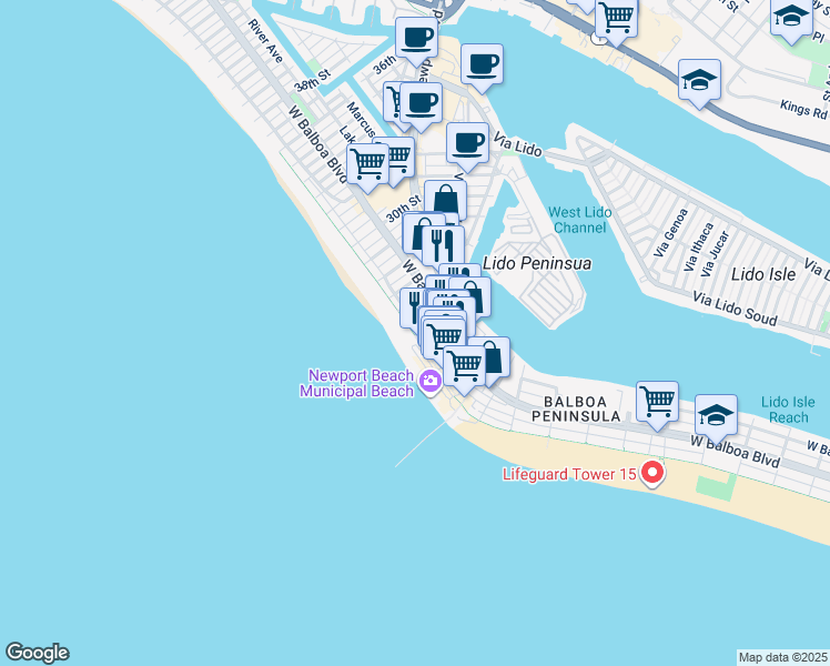 map of restaurants, bars, coffee shops, grocery stores, and more near 2400 West Oceanfront in Newport Beach