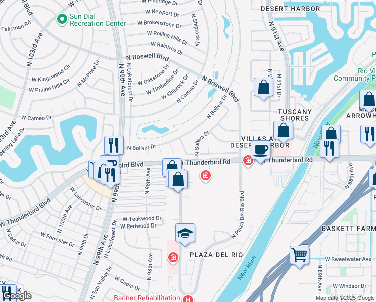 map of restaurants, bars, coffee shops, grocery stores, and more near 13820 North Sahara Drive in Sun City