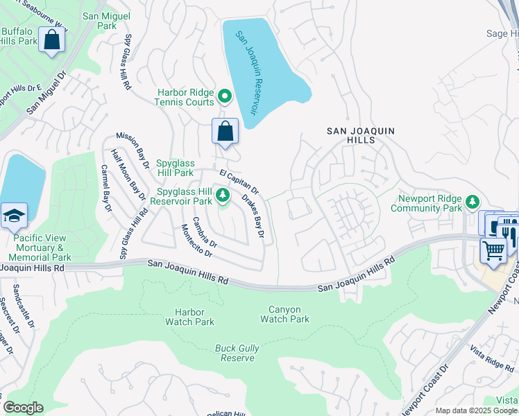map of restaurants, bars, coffee shops, grocery stores, and more near 38 Drakes Bay Drive in Newport Beach