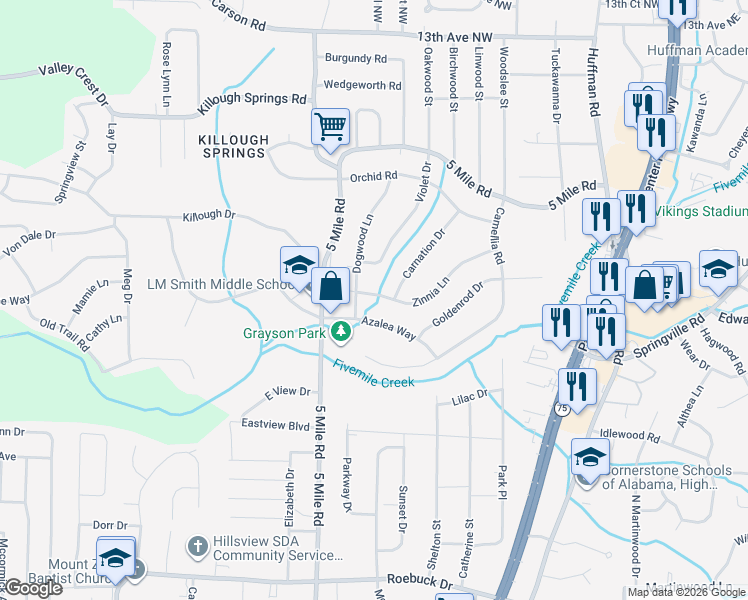 map of restaurants, bars, coffee shops, grocery stores, and more near 441 Zinnia Lane in Birmingham