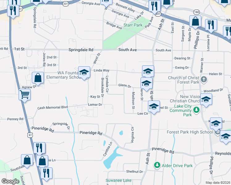 map of restaurants, bars, coffee shops, grocery stores, and more near 5302 Lyndale Circle in Forest Park