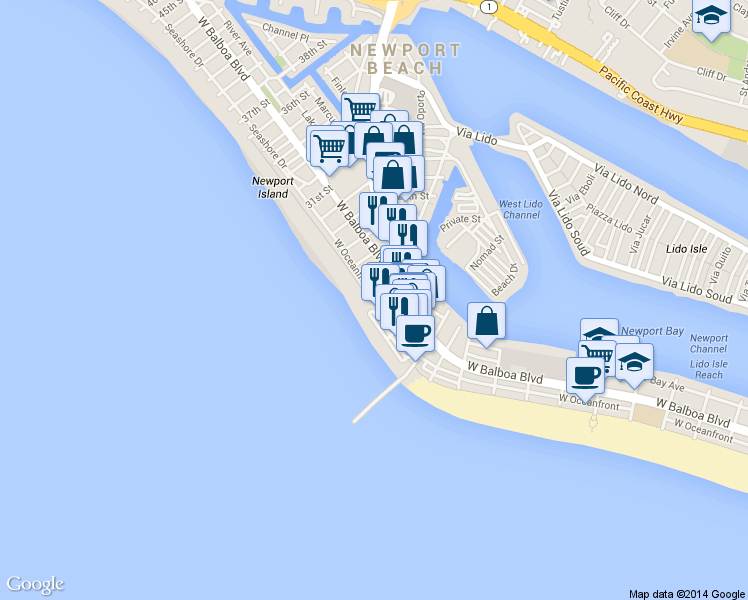 map of restaurants, bars, coffee shops, grocery stores, and more near 111 24th Street in Newport Beach