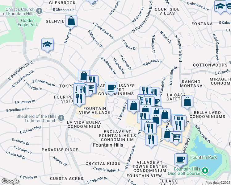 map of restaurants, bars, coffee shops, grocery stores, and more near 16502 East Palisades Boulevard in Fountain Hills