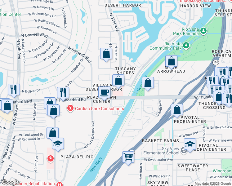 map of restaurants, bars, coffee shops, grocery stores, and more near 13943 North 91st Avenue in Peoria