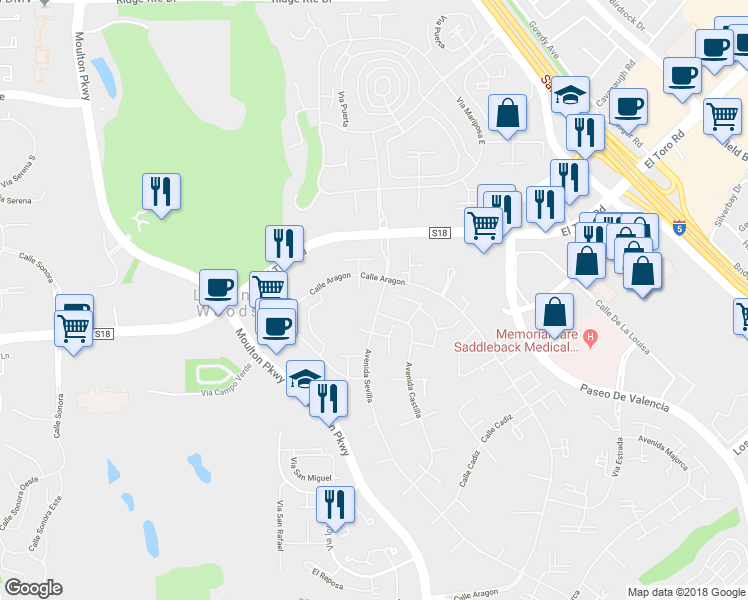 map of restaurants, bars, coffee shops, grocery stores, and more near 261 Calle Aragon in Laguna Woods