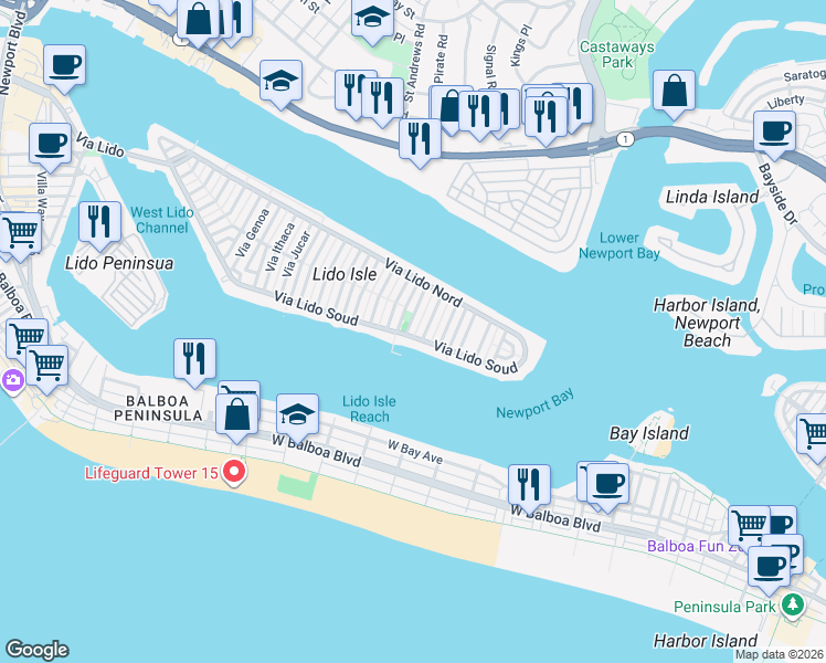 map of restaurants, bars, coffee shops, grocery stores, and more near 116 Via Undine in Newport Beach