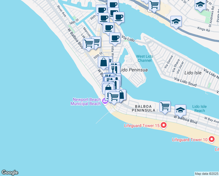 map of restaurants, bars, coffee shops, grocery stores, and more near 2250 Newport Boulevard in Newport Beach