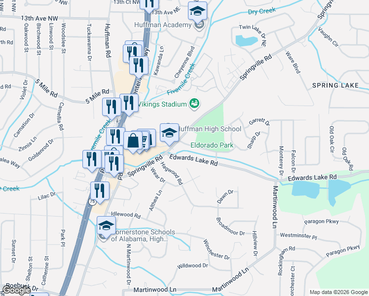map of restaurants, bars, coffee shops, grocery stores, and more near 909 Springville Road in Birmingham