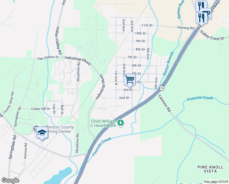 map of restaurants, bars, coffee shops, grocery stores, and more near 105 3rd Street in Birmingham