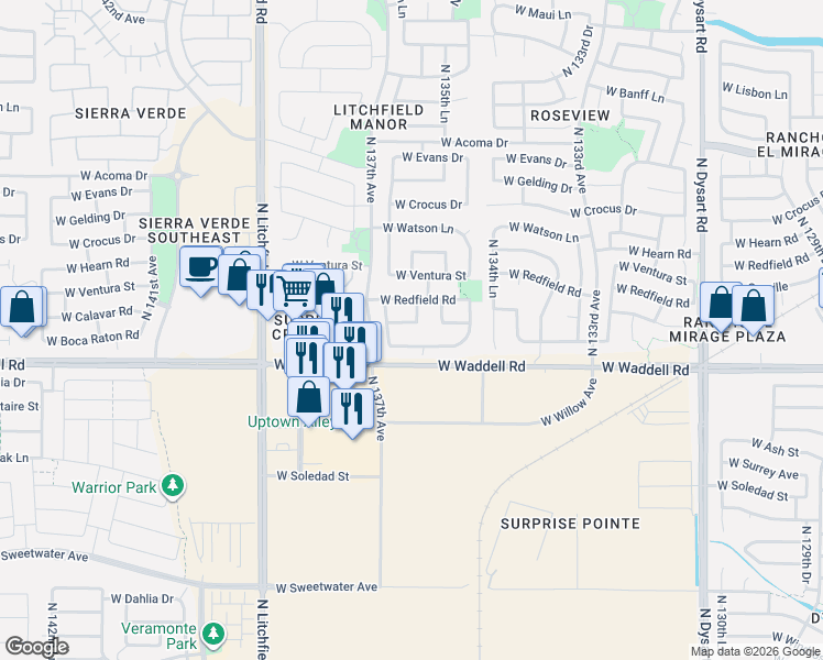 map of restaurants, bars, coffee shops, grocery stores, and more near 13947 North 136th Drive in Surprise