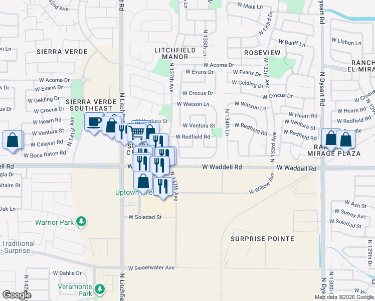 map of restaurants, bars, coffee shops, grocery stores, and more near 13947 North 136th Drive in Surprise