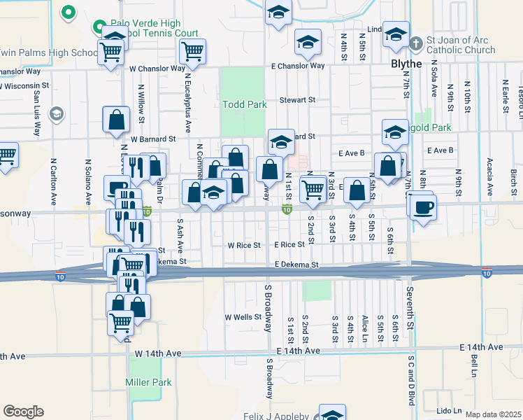 map of restaurants, bars, coffee shops, grocery stores, and more near 2 West Hobsonway in Blythe