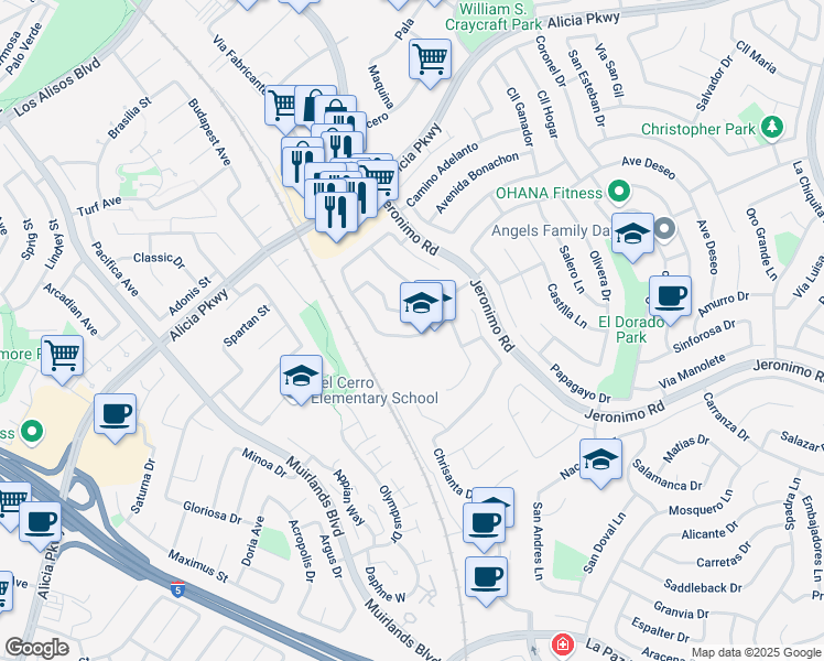map of restaurants, bars, coffee shops, grocery stores, and more near 25981 Cordillera Drive in Mission Viejo