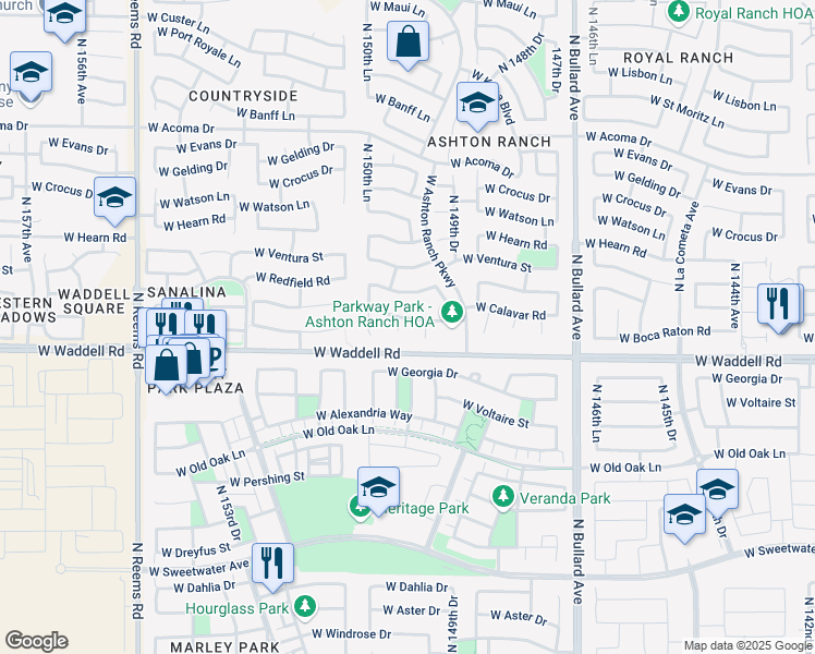 map of restaurants, bars, coffee shops, grocery stores, and more near 13843 North 150th Drive in Surprise