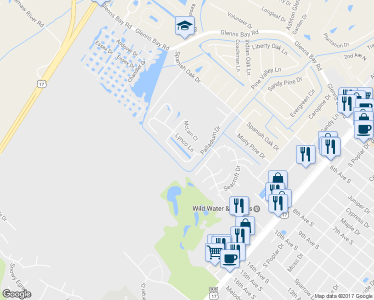 map of restaurants, bars, coffee shops, grocery stores, and more near 209 Lynco Lane in Myrtle Beach