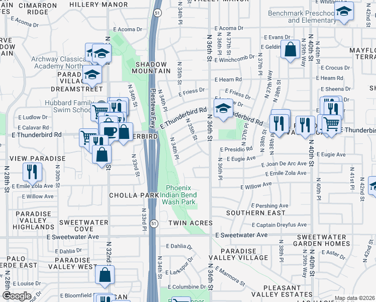 map of restaurants, bars, coffee shops, grocery stores, and more near 3471 East Delcoa Drive in Phoenix