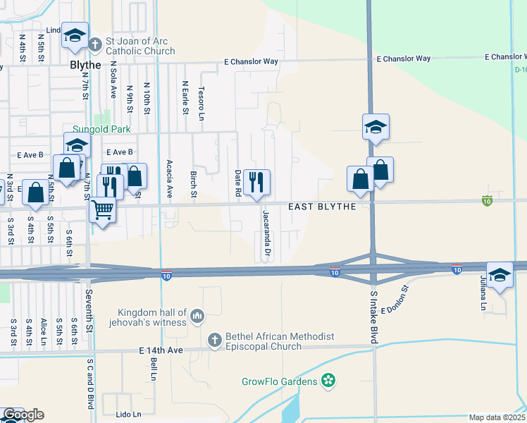 map of restaurants, bars, coffee shops, grocery stores, and more near 1576 East Hobsonway in Blythe